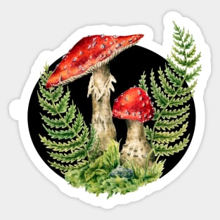 Cottagecore Fairy Mushrooms, Toadstool and Ferns, Fungus Mycology Art, Amanita Muscaria Sticker